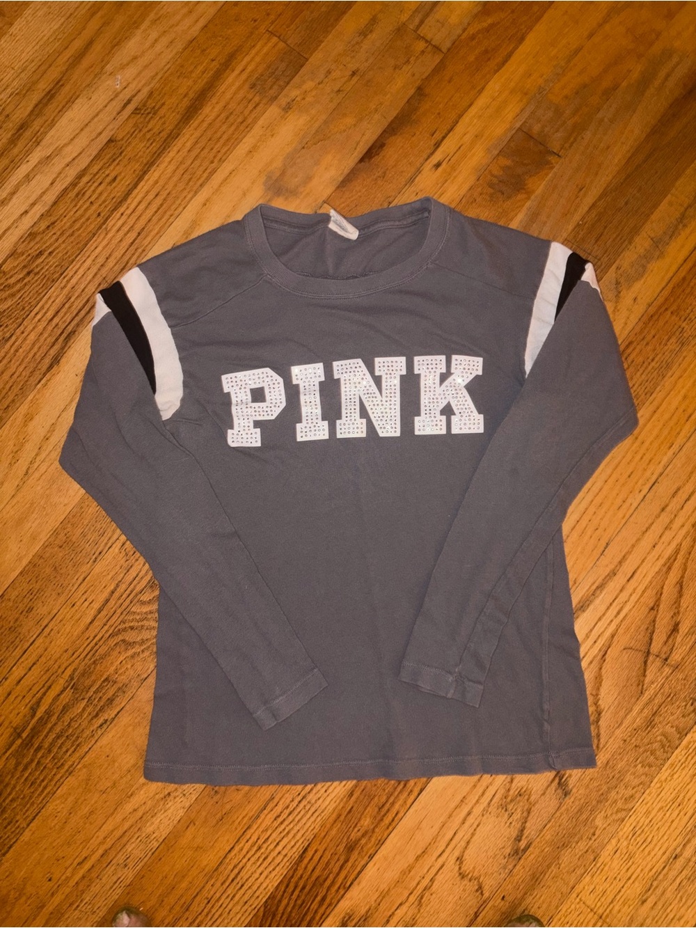 PINK Victoria's Secret Kids Long-Sleeve Gray Logo Tee with Shoulder Stripes
